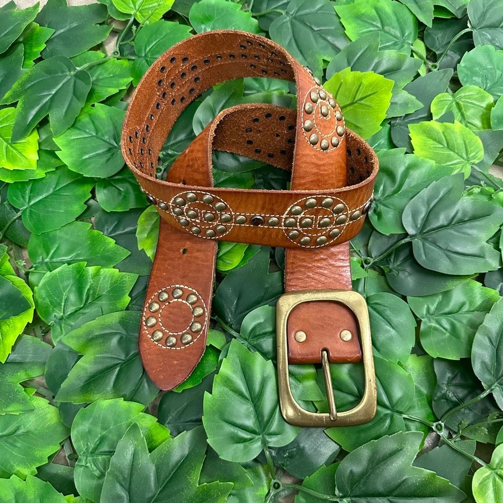 Linea Pelle Genuine Leather Brown Studded Western Belt